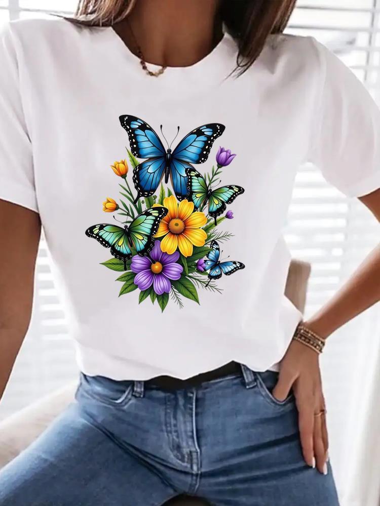 (Asian Size) Print flower butterfly trend Women Tee Top T Shirt Woman Fashion Female Short Sleeve Clothing Graphic T-shirts