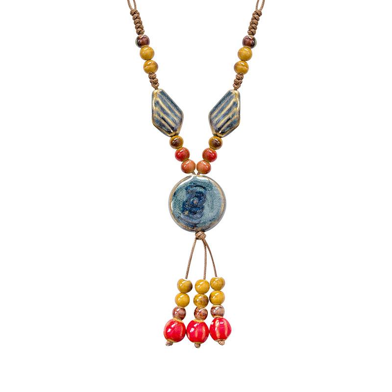New Chinese Ethnic Style Colored Ceramic Beaded Necklace Women's Literary Weaving Long Sweater Chain Accessories