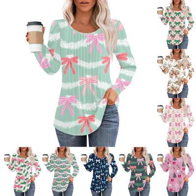 Damenmode Lässig Plissee Rundhals Weihnachten Bedrucktes Langarm T-Shirt Top