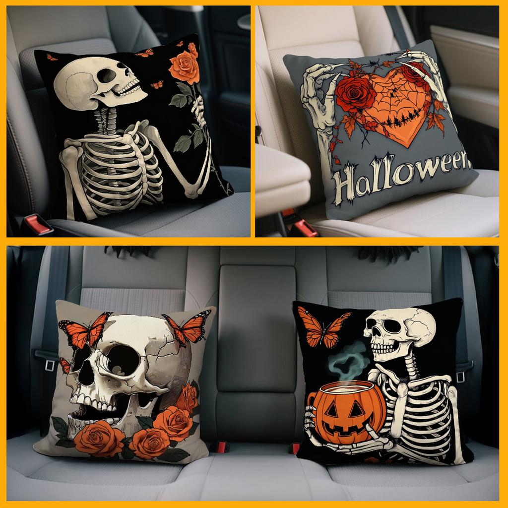 Home Decor Skeleton & Rose Halloween Themed Pillow Covers Pattern Cushion Cover Suitable For Sofa Bedroom Car Pillow Cover