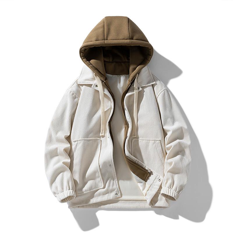 Japanese Trendy Corduroy Hooded Jacket with Fleece Lining: Autumn/Winter Hong Kong Style for Men