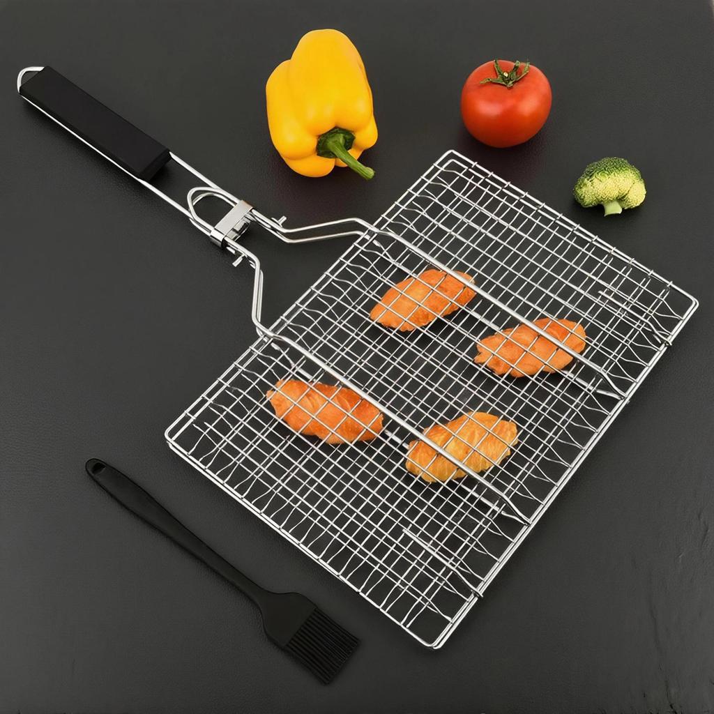 Portable Stainless Steel BBQ Grill Net for Fish, Meat & Vegetables – Foldable & Thickened Outdoor Mesh Clip