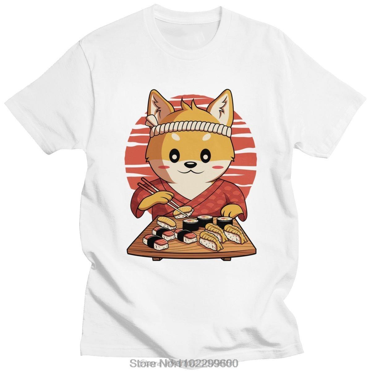 Trendy Kawaii Shiba Inu Dog T Shirt Short Sleeve Funny Eating Japanese Sushi Anime Tshirt Pure Cotton Graphic Tops Streetwear S