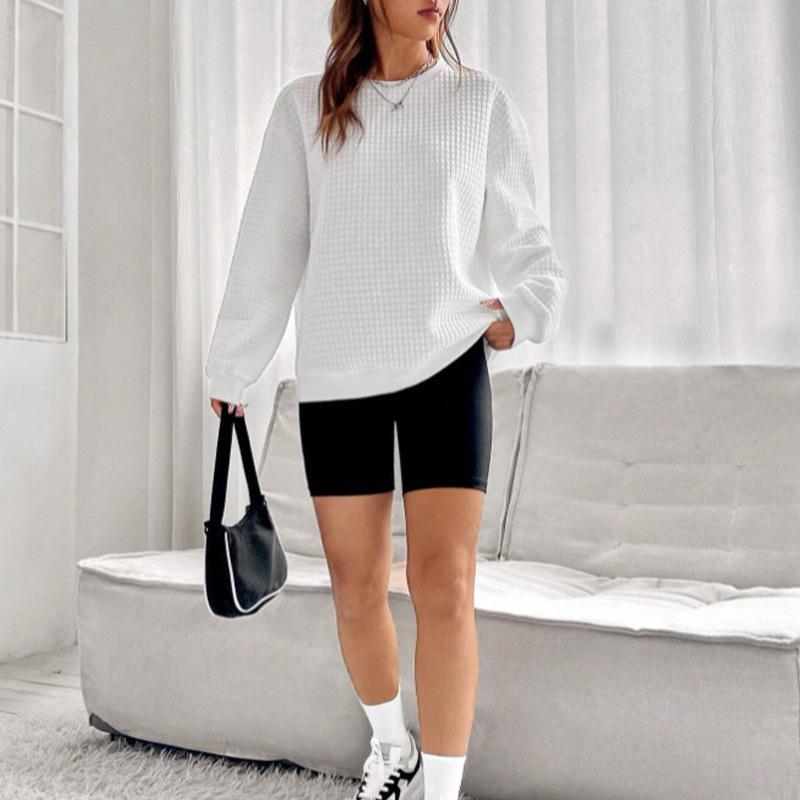 Women's Crew Neck Long Sleeve Sweatshirt Regular Fit Casual Top Solid Waffle Knit Pullover Tops