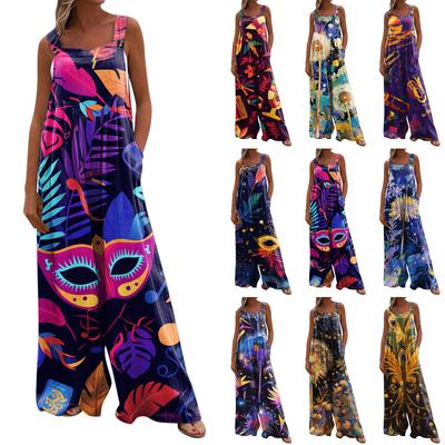 Wide Leg Overalls For Women Casual Loose Sleeveless Print Button Long Pant Romper Jumpsuit With Pockets