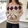 Women's Fashion Casual Fall Winter Rhombus Print Long Sleeve One Shoulder Tops Women's Clothing Woolen Knitwear Sweaters