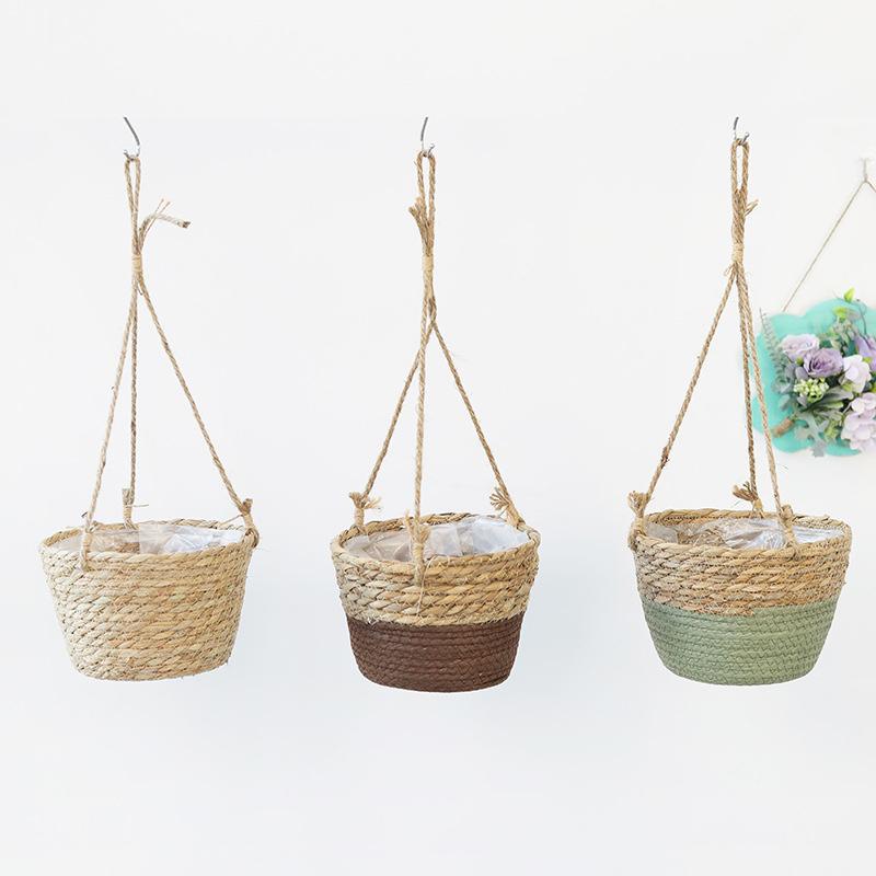 Stroh Hängender Korb Hanfseil Geflochtene Blumenkörbe Topfpflanzen Blumentöpfe