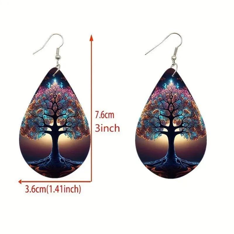 Bohemian Wooden Water Drop Earrings Elegant Rainbow Tree Of Life Willow Tree Teardrop Earring Double Sided Colorful Earrings