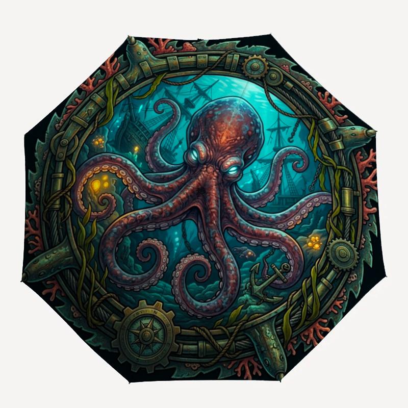 Steampunk Octopus Dive Pattern Umbrella, Portable and Foldable Design, 8 Ribs, a Casual Accessory for Halloween, Christmas, and Birthday Gifts.