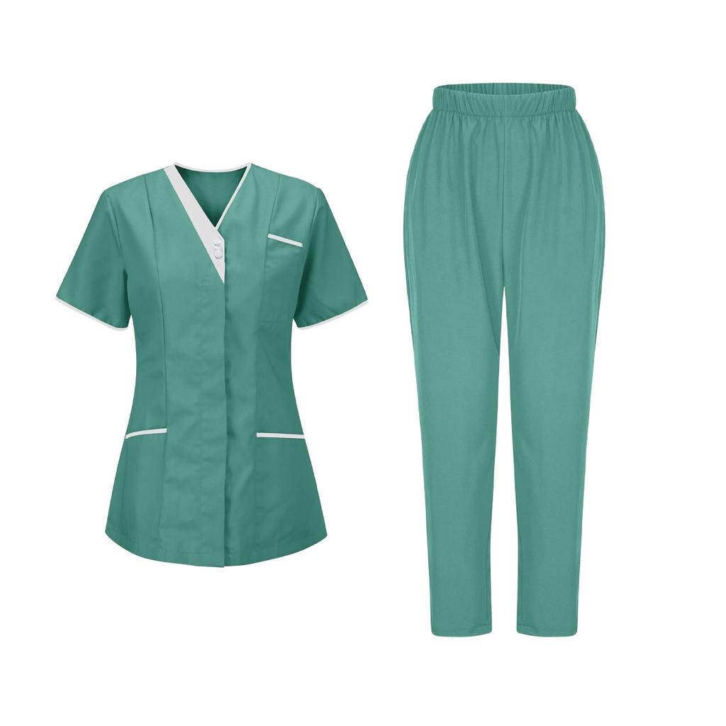 Women's Uniforms Quick Dry Fabrics V-Neck With Pockets Short Sleeves Long Pants Solid Color Workwear Suit