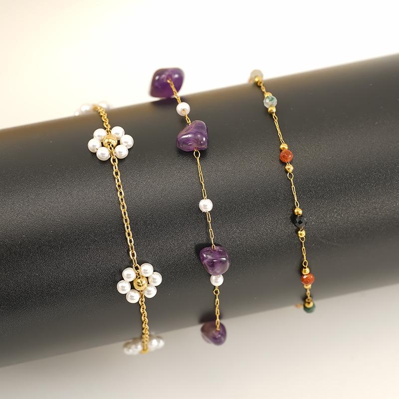 Titanium Steel Glazed Bead Pearl Bracelet, Sweet Crystal Natural Stone Colored Jewelry, High Sense Of Personality