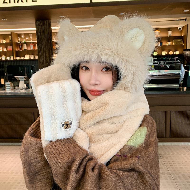 

Плюшевая термошапка для детей с милым медведем, зимняя плюшевая утолщенная шапка с ушками, интегрированная шапка с шарфом