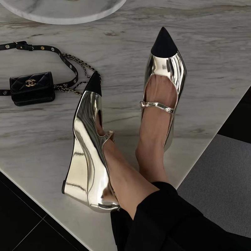 silver High Heel Wedge Shoes Newest Pumps Breathable Slip On Breathable Women Sandals Female Pointed Toe Slippers High-heeled