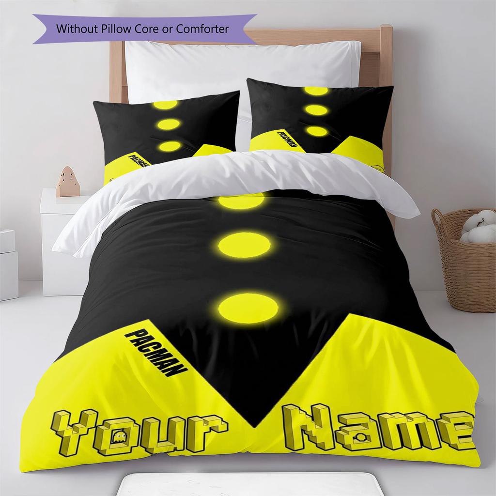 Pac-Man Individuelles Namensmuster Bettwäsche, Steppbett Set Bettbezug Kissenbezug Zuhause Geburtstagsgeschenk(1 Bettbezug + 2 Kissenbezüge, ohne Füllung)