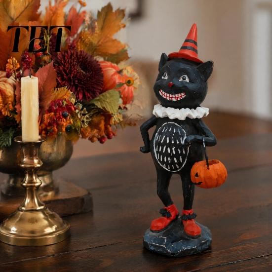 Holiday Fireplace Mantel Decor Wooden Halloween Resin Figurines, Pumpkin Scarecrow Wizard Owl Black Cat Atmospheric Festival Ornaments Statue, Rustic
