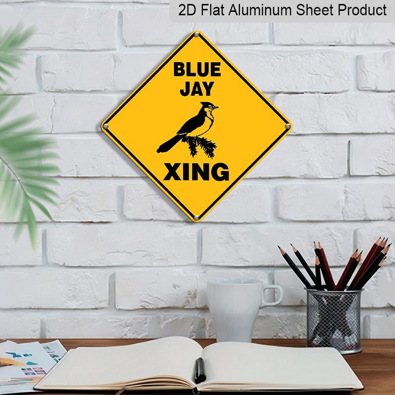 2D Flat 1pc, Funny Blue Jay Xing Crossing Sign - Metal Warning Plaque with Lettering & Bird Graphic, Yellow/Black Durable Iron Indoor/Outdoor
