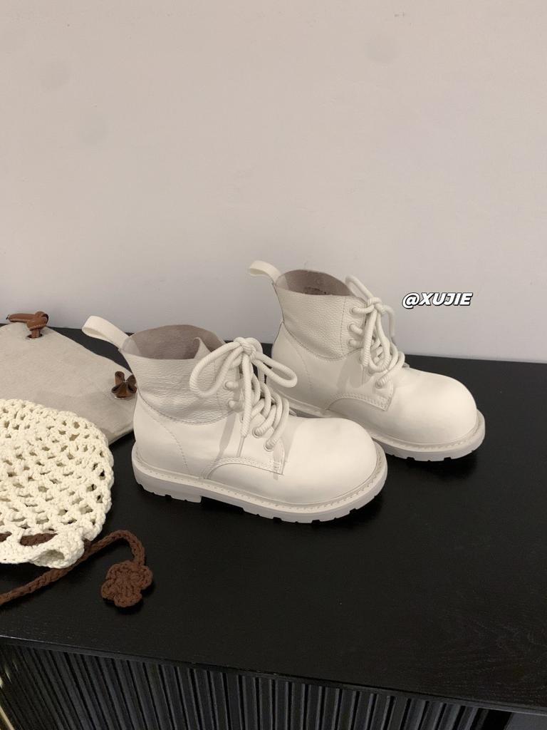 2025 new leather platform Martin boots women's versatile casual short boots heightened lace-up single shoes trendy and comfortable