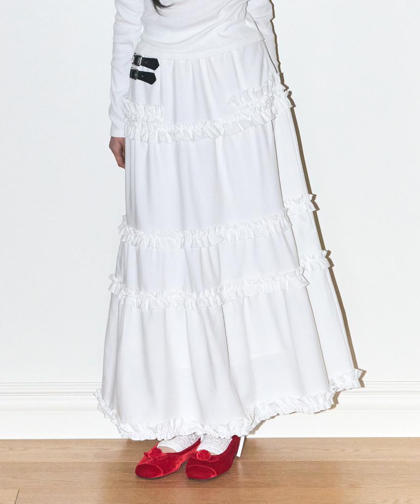 Iligo Buckle Frill Long Skirt White