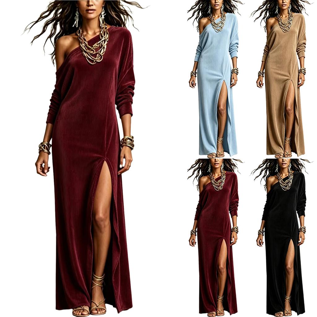 Women's One-Shoulder Corduroy Dress with Side Slit, Vintage for Daily Wear