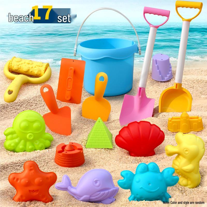 Complete Beach Toy Set: Includes Shovel, Wheelbarrow, Bucket, and Water Toys for Kids' Sand Play at the Seaside.