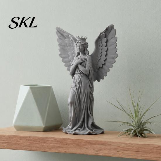 Miniature Angel Ornament for Display 3D Printed Crown Figurine, Vintage Guardian Angle Statue, Winged Women Decor Artistic Sculpture Home Tabletop