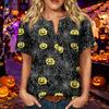 Women's Casual Halloween Print V Neck Short Sleeve Button Detail Three Quarter Sleeve T Shirt Top Lightweight Comfortable Fit