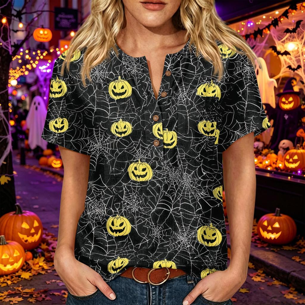 Women's Casual Halloween Print V Neck Short Sleeve Button Detail Three Quarter Sleeve T Shirt Top Lightweight Comfortable Fit