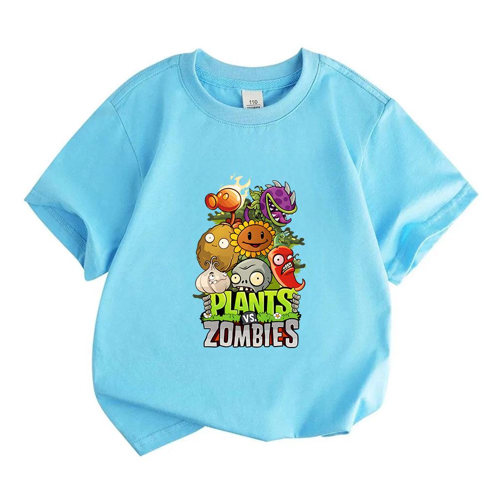 Kids Boys Girls 100% Cotton Crew Neck Short Sleeve T-Shirt, Funny Plants Zombies Cartoon Print Casual Soft Tee for Children Daily Outdoor Wear