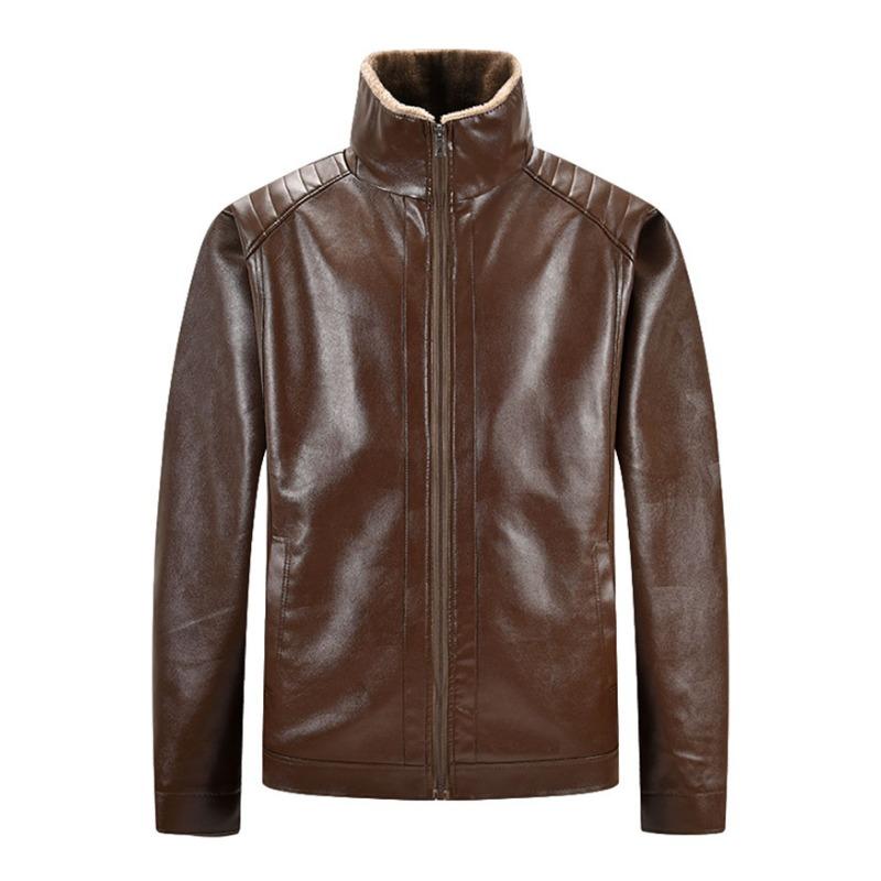 

Универсальное пальто на осень и зиму, кардиган на молнии, мужской, со стойкой, однотонный, из искусственной кожи, повседневный топ XL коричневый