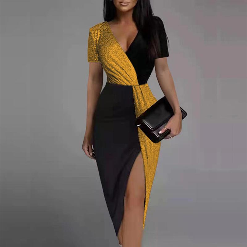 

2024 Летняя мода сексуальное v-образным вырезом с блестками и высокой талией с разрезом облегающее платье миди женское с коротким рукавом элегантные вечерние платья XL жёлтый