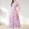Waist Tight Floral Print Summer Women Midi Dress Streetwear Short Sleeve Dress for Party