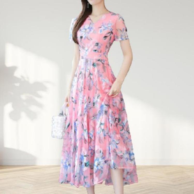 Waist Tight Floral Print Summer Women Midi Dress Streetwear Short Sleeve Dress for Party