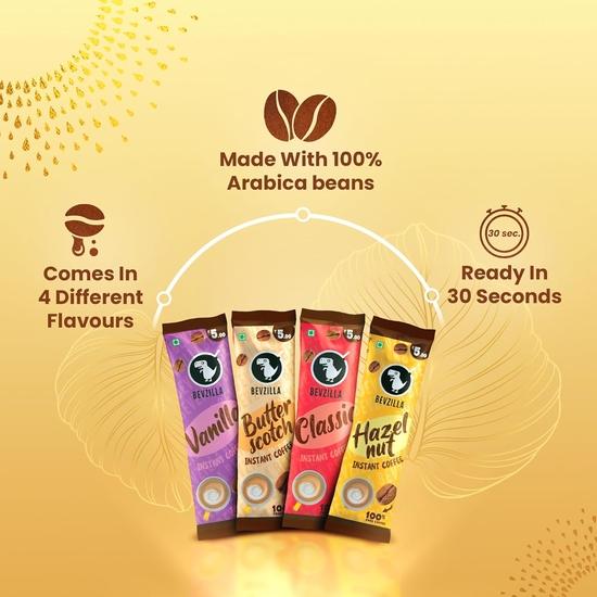 Bevzilla Premium Glass & 25 Flavoured Coffee Sachets/Pouch Box | Butterscotch, Classic, Vanilla & Hazelnut Flavour | Preimum Gift Box