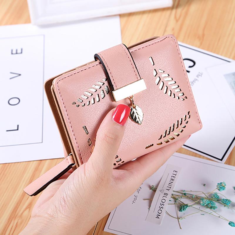 Yogodlns Women Short Standard Leather Wallet Hollow Out Leaves Decor Female Day Clutch Card Holder Money Purse Bags