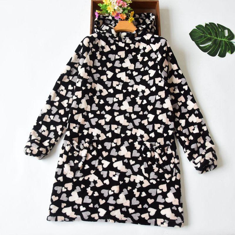

Autumn and Winter Women s Coral Fleece Thickened Hooded Mid-Length Pajamas Tops Home Wear Long Sleeves Nightdress Black Heart M (Bust size 110cm)