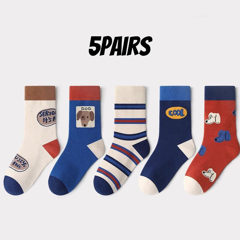5 Pairs Children s Socks, Boys Cartoon Cute Puppy Mid Length Socks , Students , Autumn/ Winter Versatile Socks 2-3T