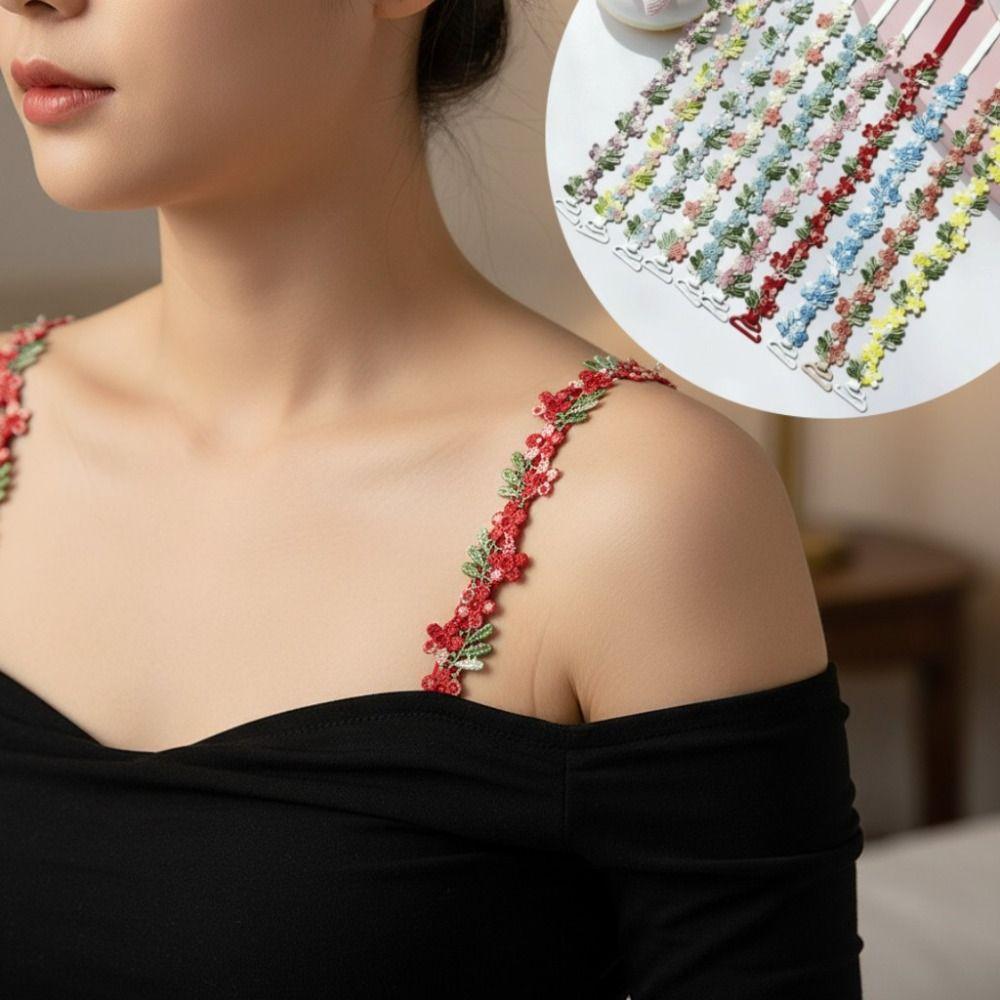1pair Lace Flower Floral Bra Straps Adjustable Elastic Floral Shoulder Belts with Lace Trim Anti-slip Shoulder Straps Women