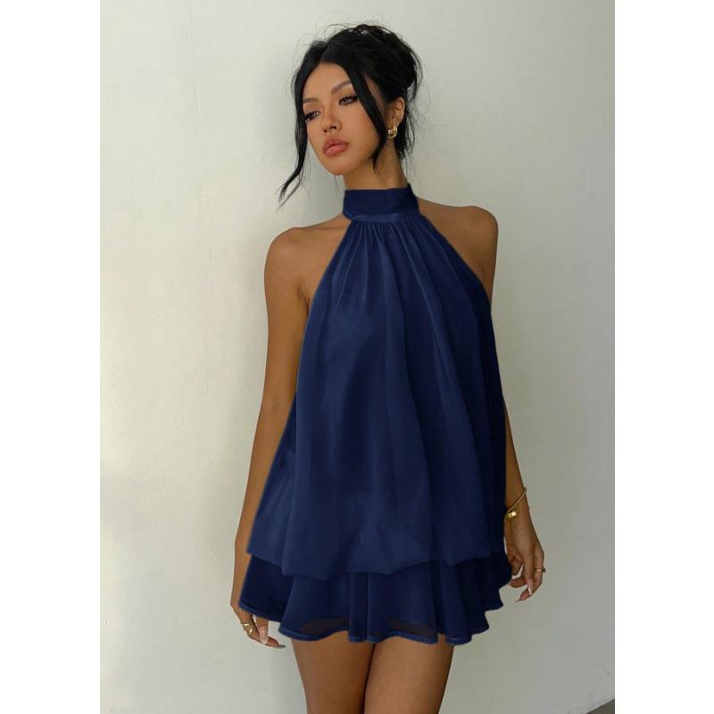 Fashion Sexy Backless Halter Neck Slim Waist Solid Color Women Mini Dress