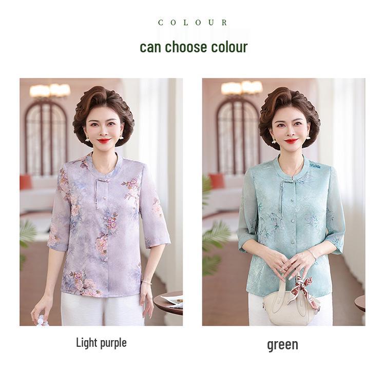 Mom's 2026 Chinese Style Summer T-Shirt - Short Sleeve, Age-Reducing Top for Middle-Aged & Elderly Women