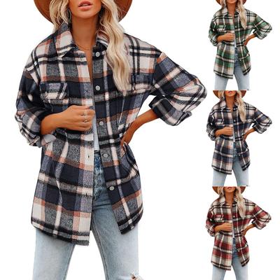 Women's Brushed Plaid Shirts Long Sleeve Flannel Lapel Button Down Pocketed Shacket Jacket Coats