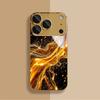 Funda de teléfono premium de cristal galvanizado para iPhone 17, 16, 15, 14, 13, 12, 11pm Pro Plus. Diseño de meteorito y luna dorados.