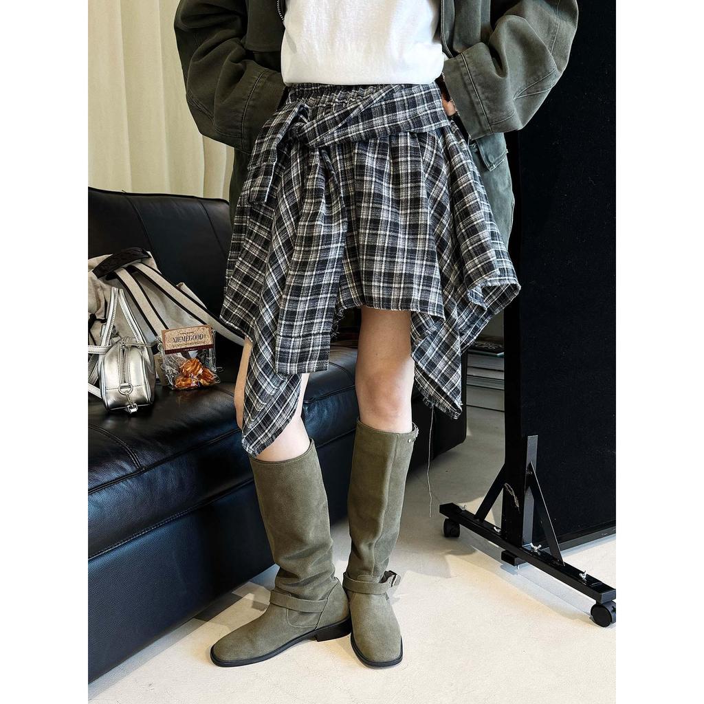 Xu Man Korean Retro Plaid Irregular Hem Tall Slimming Skirt for Women