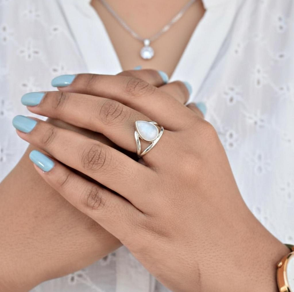 Rainbow Moonstone Statement Ring, 925 Sterling Silver, Minimalist Everyday Wear Jewelry for Women