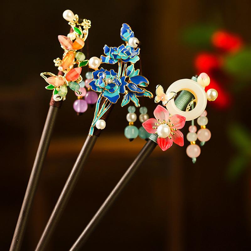 1Pc Updo Fresh Wood Ancient Headwear Flower Hairpin New Chinese Style Tassel Tassel Hairpin