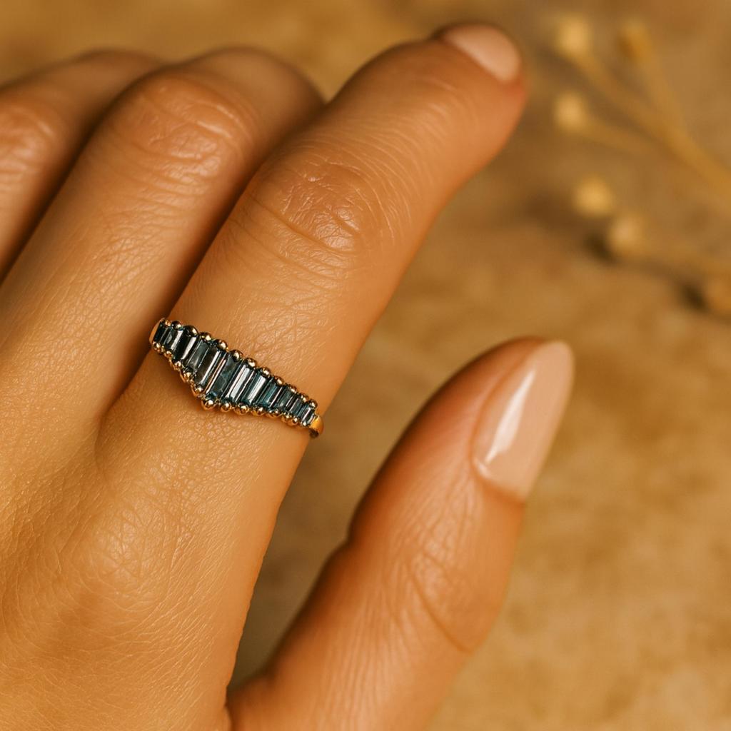 Chevron Aquamarine Baguette Ring – Blue Gemstone Band in Yellow Gold plating - 925 Sterling SIlver Jewelry Gift