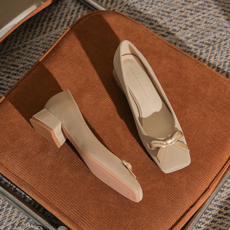 Square head thick heel temperament bow high heel versatile women's casual shoes middle heel comfortable women's shoes