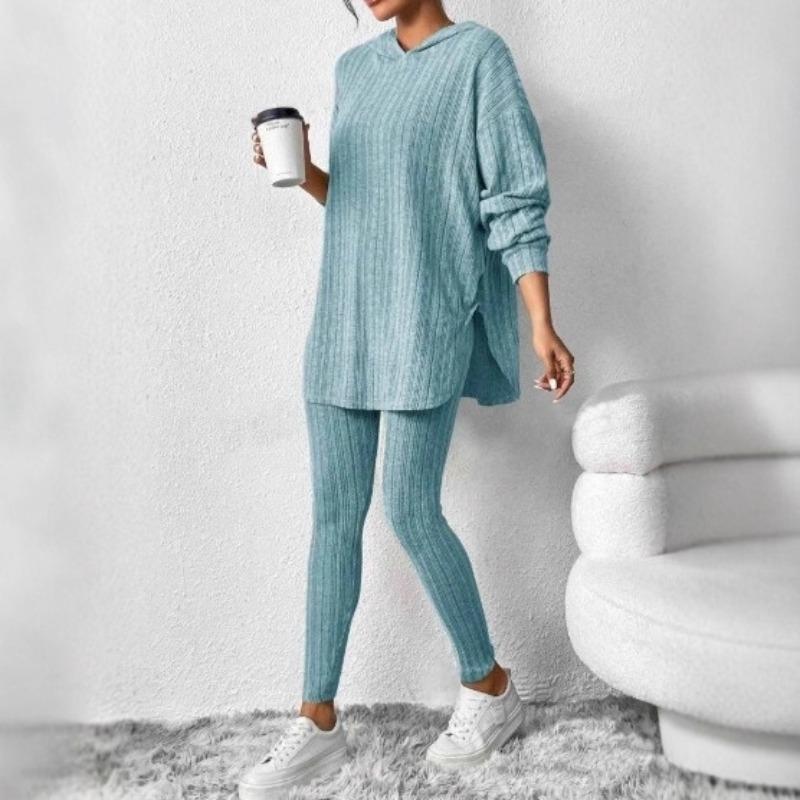 Autumn and Winter Women's Loose Hooded Long Sleeved Casual Pants with Threaded Groove Strip Set