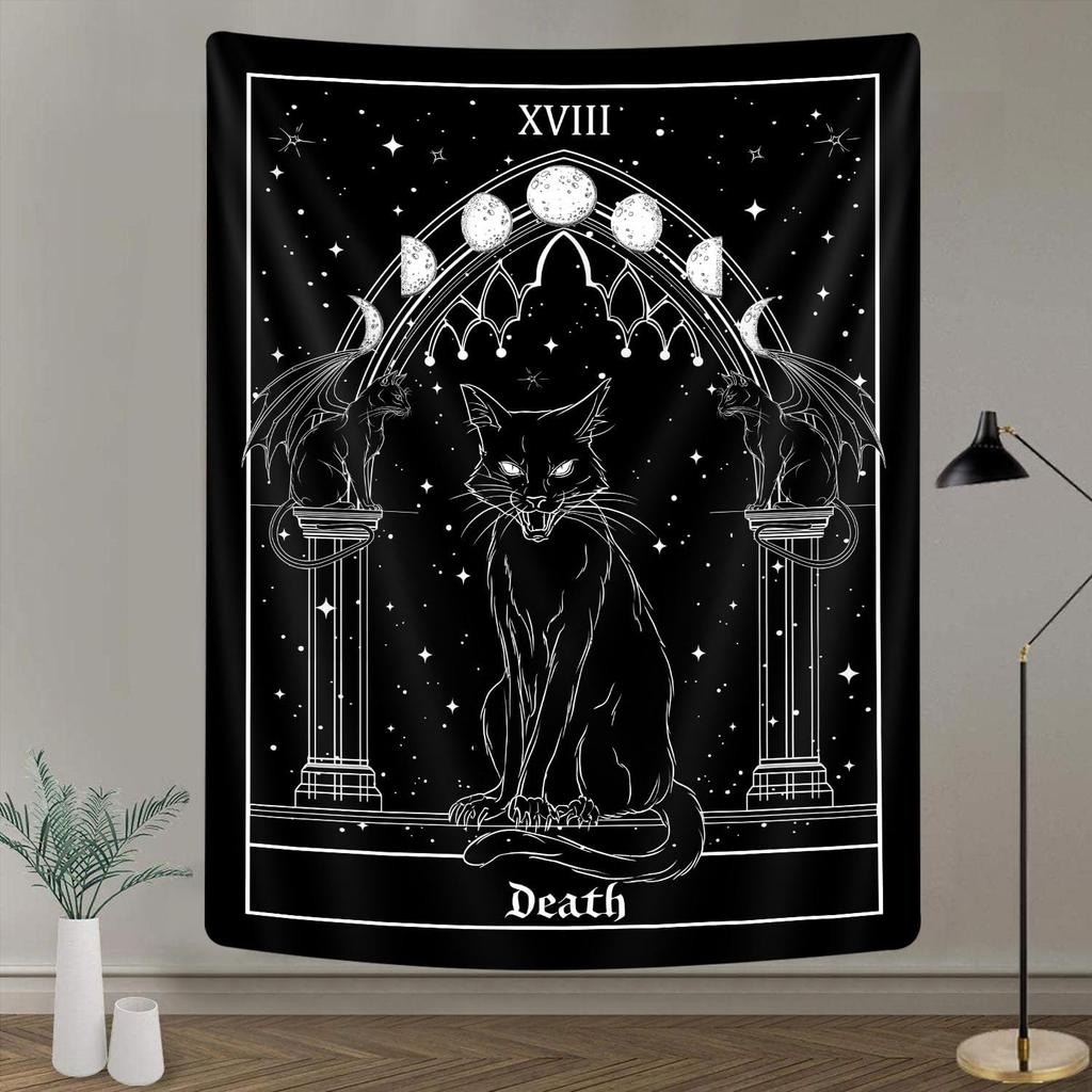Mond Tarot Wandteppich Schwarze Katze Okkultismus Menschliches Gesicht Stern Mond Muster Wohnzimmer Schlafzimmer Akzentwand Dekoration
