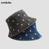Vintage Washed Denim Bucket Hat Women Spring Summer Outing Visor Hat Daisy Embroidered Flower Pot Hat Men