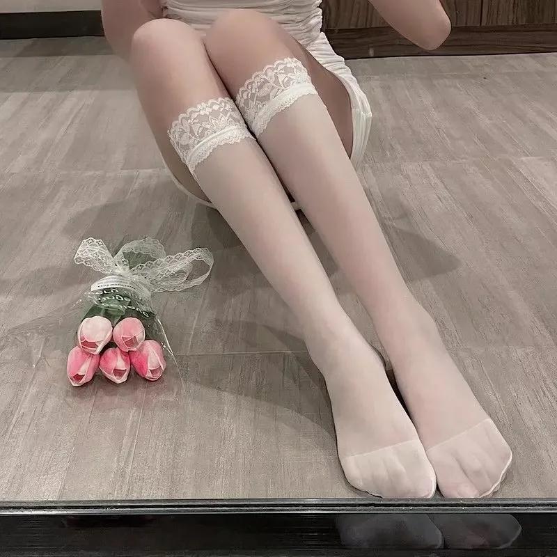 Lolita Summer Nylon Floral Lace Trim Calf Socks Ultra-Thin Transparent Sheer Knee High Socks Jk Girl Women Long Kawaii Stockings